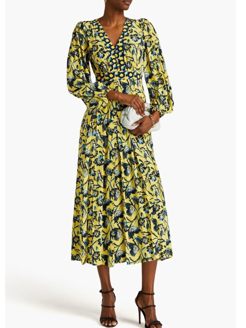 NWT Diane von Furstenberg DVF Floral Crepe de Chine Midi Dress, Yellow, US 6